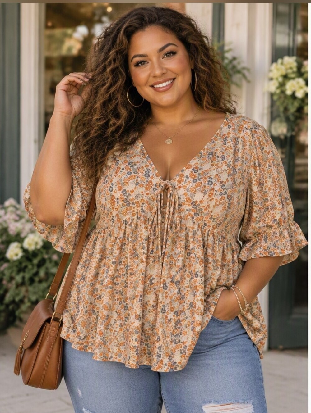 SHEIN Curve Floral Print Blouse Ruffled Short Sleeves - Picture 1 of 8